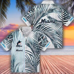 Miami Marlins Hawaiian Shirt Palm Stripes Blue Black White Design 3