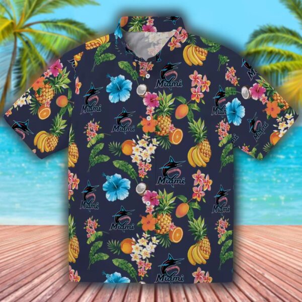 Miami Marlins Navy Blue Hibiscus Fruit Hawaiian Shirt 1