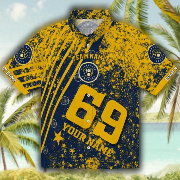 Milwaukee Brewers Custom Navy Blue Star Stripes Hawaiian Shirt 1