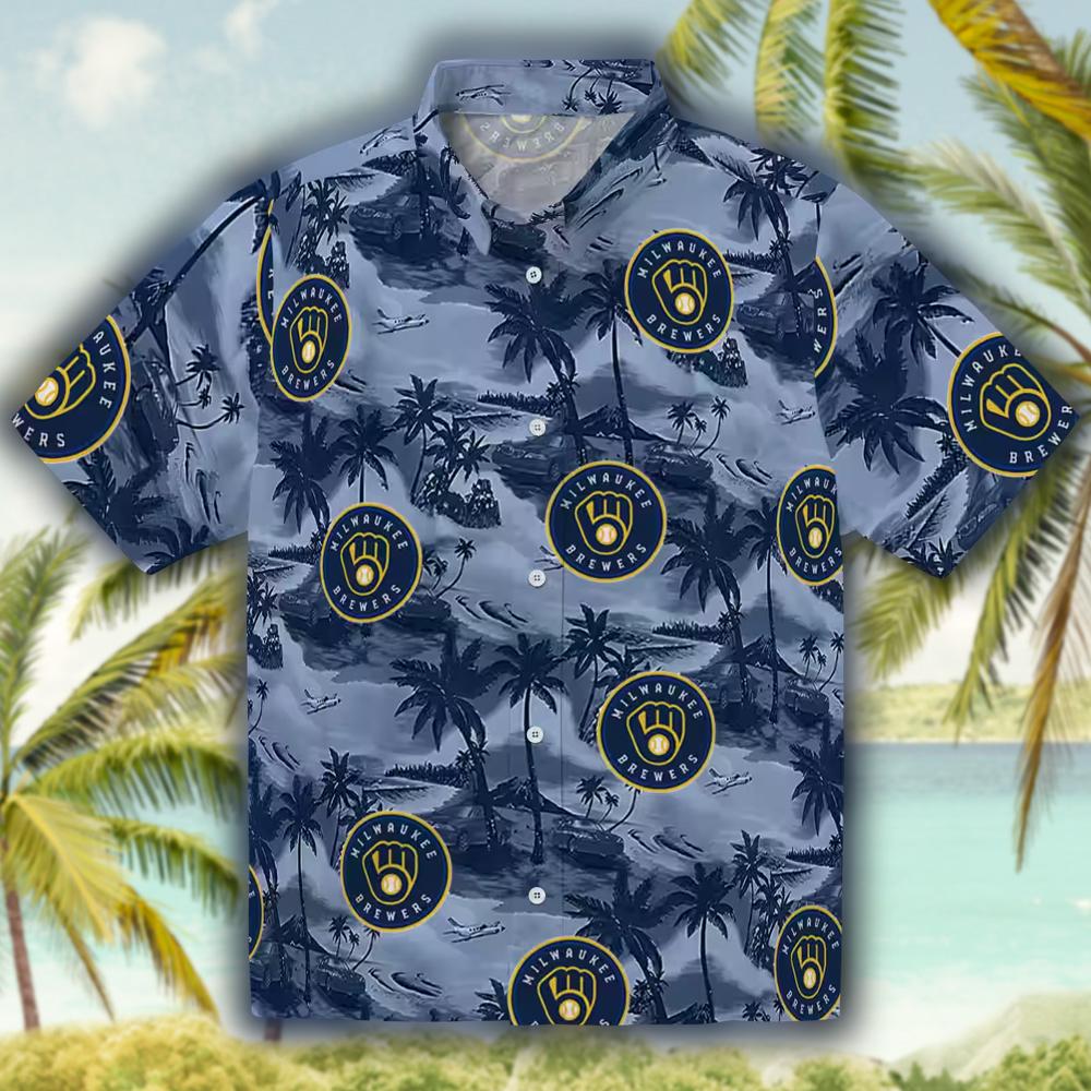 Milwaukee Brewers Hawaiian Shirt Coastal Palms Navy Blue Design Milwaukee Brewers Hawaiian Shirt Coastal Palms Navy Blue Design