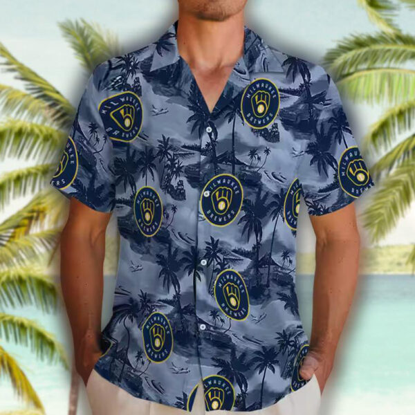 Milwaukee Brewers Hawaiian Shirt Coastal Palms Navy Blue Design 2