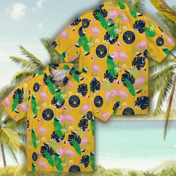 Milwaukee Brewers Hawaiian Shirt Flamingo Foliage Navy Blue Green Design 3