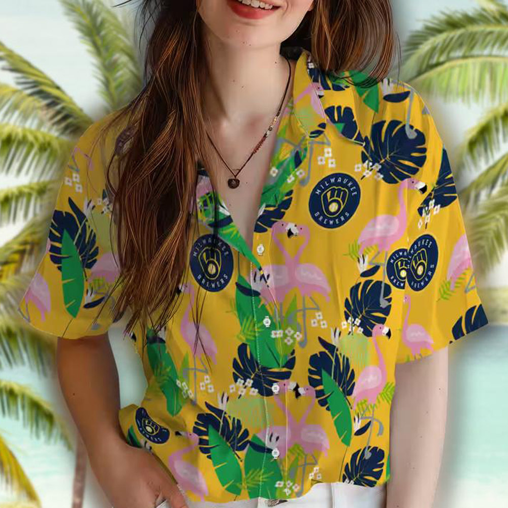 Milwaukee Brewers Hawaiian Shirt Flamingo Foliage Navy Blue Green Design Milwaukee Brewers Hawaiian Shirt Flamingo Foliage Navy Blue Green Design