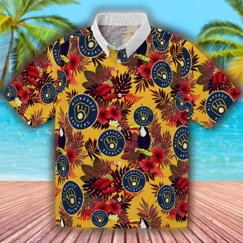 Milwaukee Brewers Hawaiian Shirt Floral Toucan Navy Blue Red Design Milwaukee Brewers Hawaiian Shirt Floral Toucan Navy Blue Red Design