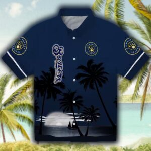Milwaukee Brewers Hawaiian Shirt Navy Blue Black Beach Sunset Design 1
