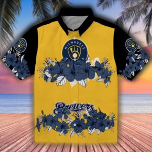 Milwaukee Brewers Hawaiian Shirt Navy Blue Black Hibiscus Stripe 1