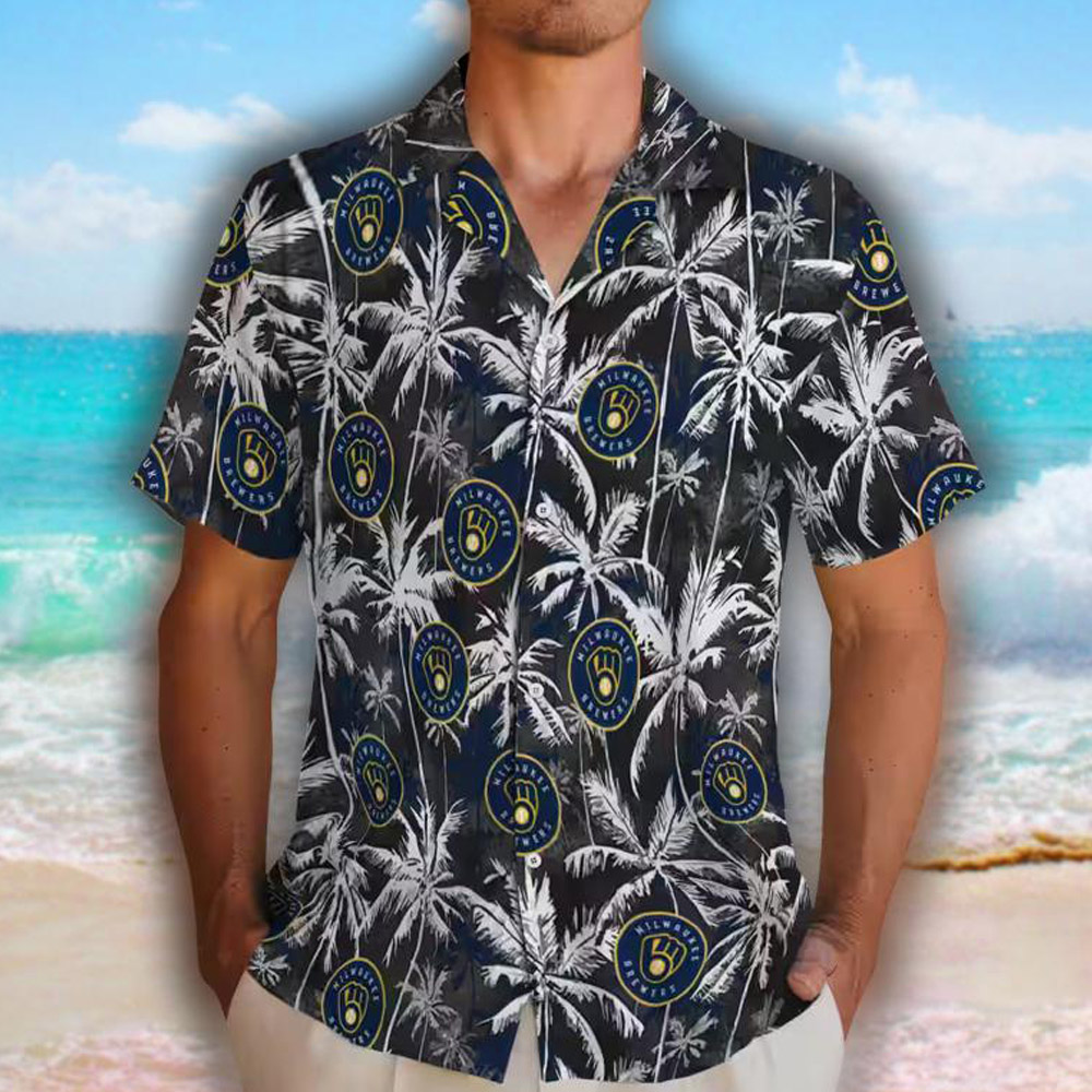 Milwaukee Brewers Hawaiian Shirt Navy Blue Black Palm Pattern Milwaukee Brewers Hawaiian Shirt Navy Blue Black Palm Pattern
