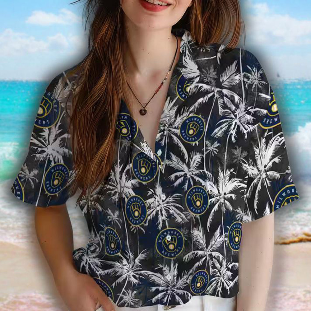 Milwaukee Brewers Hawaiian Shirt Navy Blue Black Palm Pattern Milwaukee Brewers Hawaiian Shirt Navy Blue Black Palm Pattern