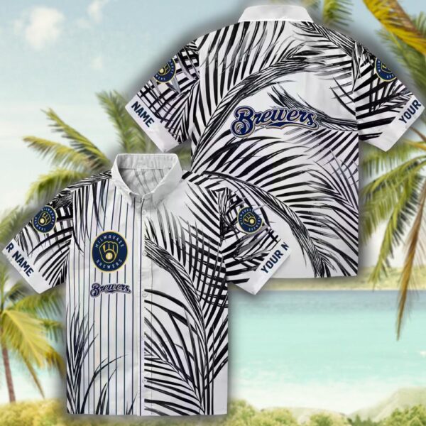 Milwaukee Brewers Hawaiian Shirt Navy Blue Black White Palm Stripes 3