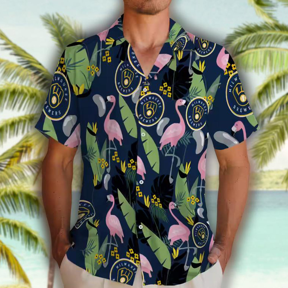Milwaukee Brewers Hawaiian Shirt Navy Blue Flamingo Leaves Design Milwaukee Brewers Hawaiian Shirt Navy Blue Flamingo Leaves Design