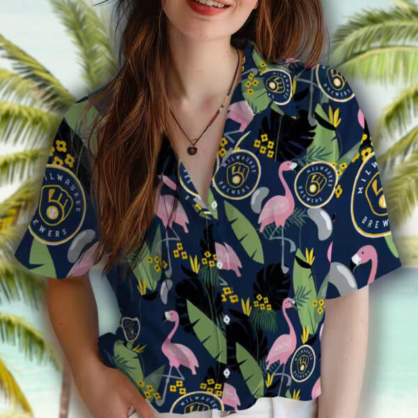 Milwaukee Brewers Hawaiian Shirt Navy Blue Flamingo Leaves Design 4
