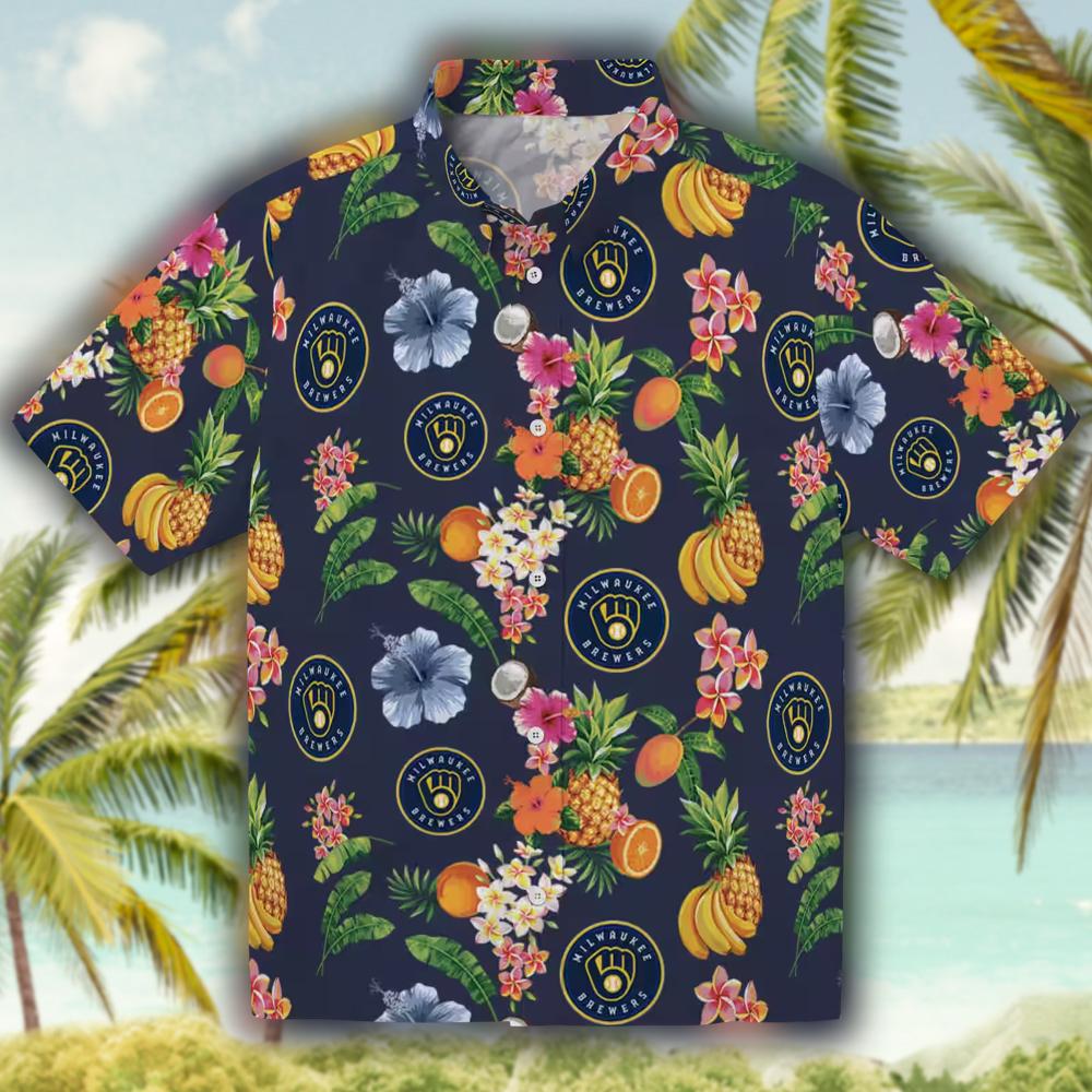 Milwaukee Brewers Hawaiian Shirt Navy Blue Hibiscus Fruit Design Milwaukee Brewers Hawaiian Shirt Navy Blue Hibiscus Fruit Design