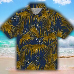 Milwaukee Brewers Hawaiian Shirt Navy Blue Leafy Palms Design 1