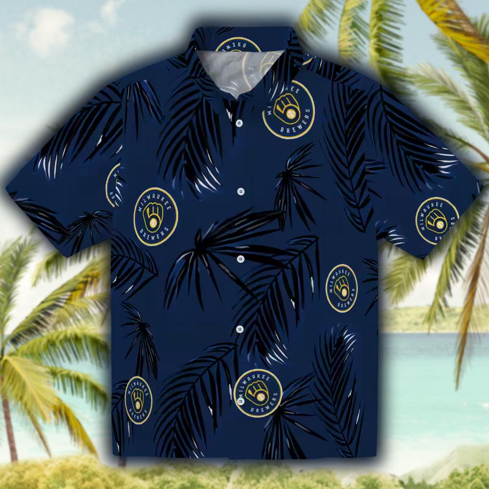 Milwaukee Brewers Hawaiian Shirt Navy Blue Palm Leaf Design Milwaukee Brewers Hawaiian Shirt Navy Blue Palm Leaf Design