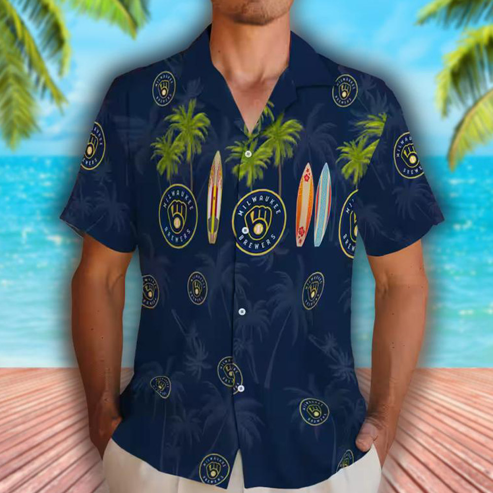 Milwaukee Brewers Hawaiian Shirt Navy Blue Palm Surfboard Design Milwaukee Brewers Hawaiian Shirt Navy Blue Palm Surfboard Design