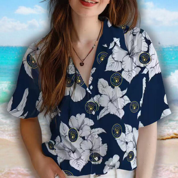 Milwaukee Brewers Hawaiian Shirt Navy Blue White Hibiscus Blooms 4