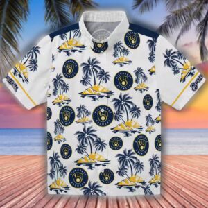 Milwaukee Brewers Hawaiian Shirt Navy Blue White Palm Island Print 1