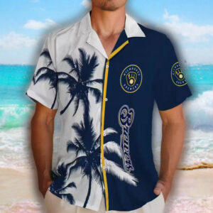 Milwaukee Brewers Hawaiian Shirt Navy Blue White Palm Trees Design 2