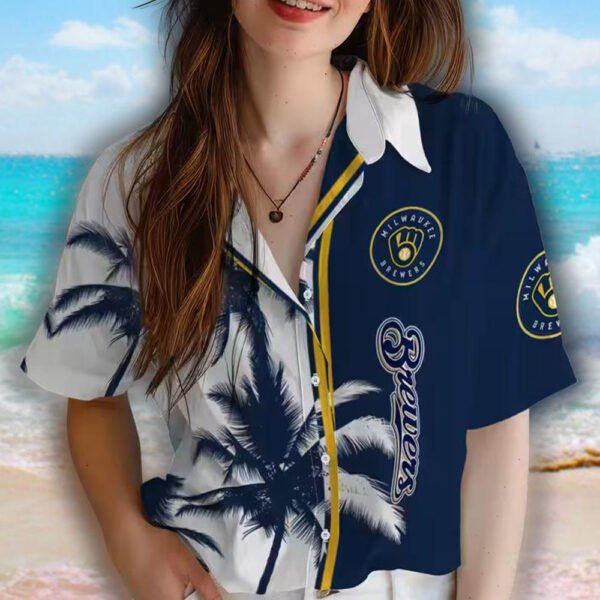 Milwaukee Brewers Hawaiian Shirt Navy Blue White Palm Trees Design 4