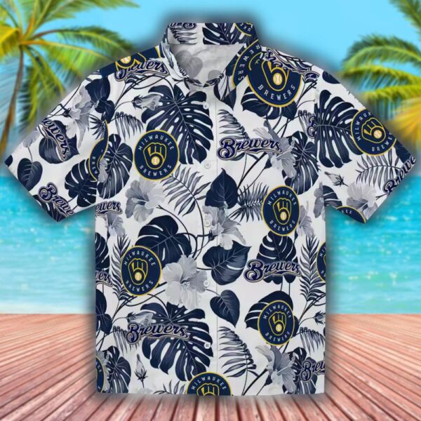 Milwaukee Brewers Hawaiian Shirt Navy Blue White Tropical Plants Design 1