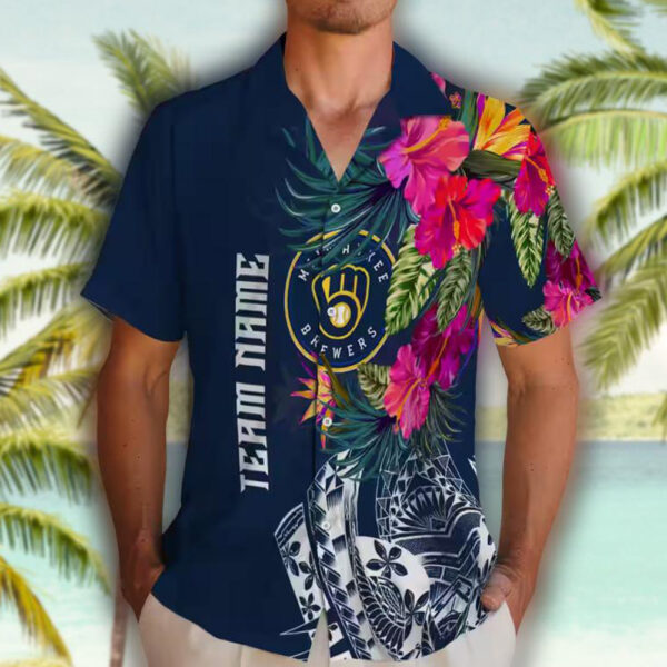Milwaukee Brewers Hawaiian Shirt Navy Floral Polynesian Design 2