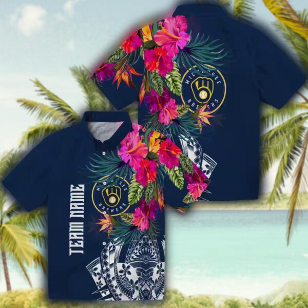 Milwaukee Brewers Hawaiian Shirt Navy Floral Polynesian Design 3