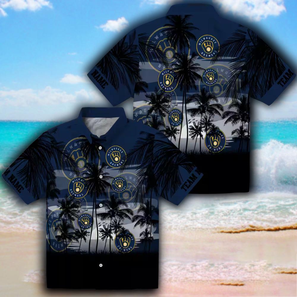 Milwaukee Brewers Hawaiian Shirt Sunset Navy Blue Black Design Milwaukee Brewers Hawaiian Shirt Sunset Navy Blue Black Design