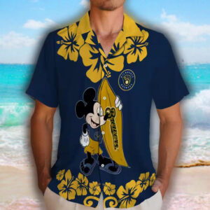 Milwaukee Brewers Surfing Mickey Hawaiian Shirt Navy Blue 2