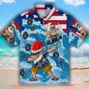 Milwaukee Brewers Surfing Santa Hawaiian Shirt Blue Fan Gear 1