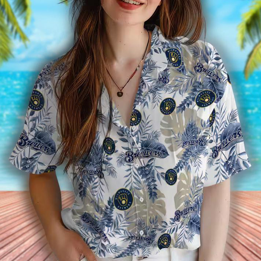 Milwaukee Brewers Tropical Hawaiian Shirt White Leaf Design Milwaukee Brewers Tropical Hawaiian Shirt White Leaf Design