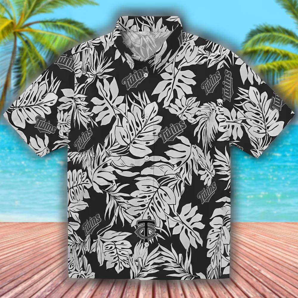 Minnesota Twins Black Hawaiian Shirt with Monstera Leaf Design Minnesota Twins Black Hawaiian Shirt with Monstera Leaf Design