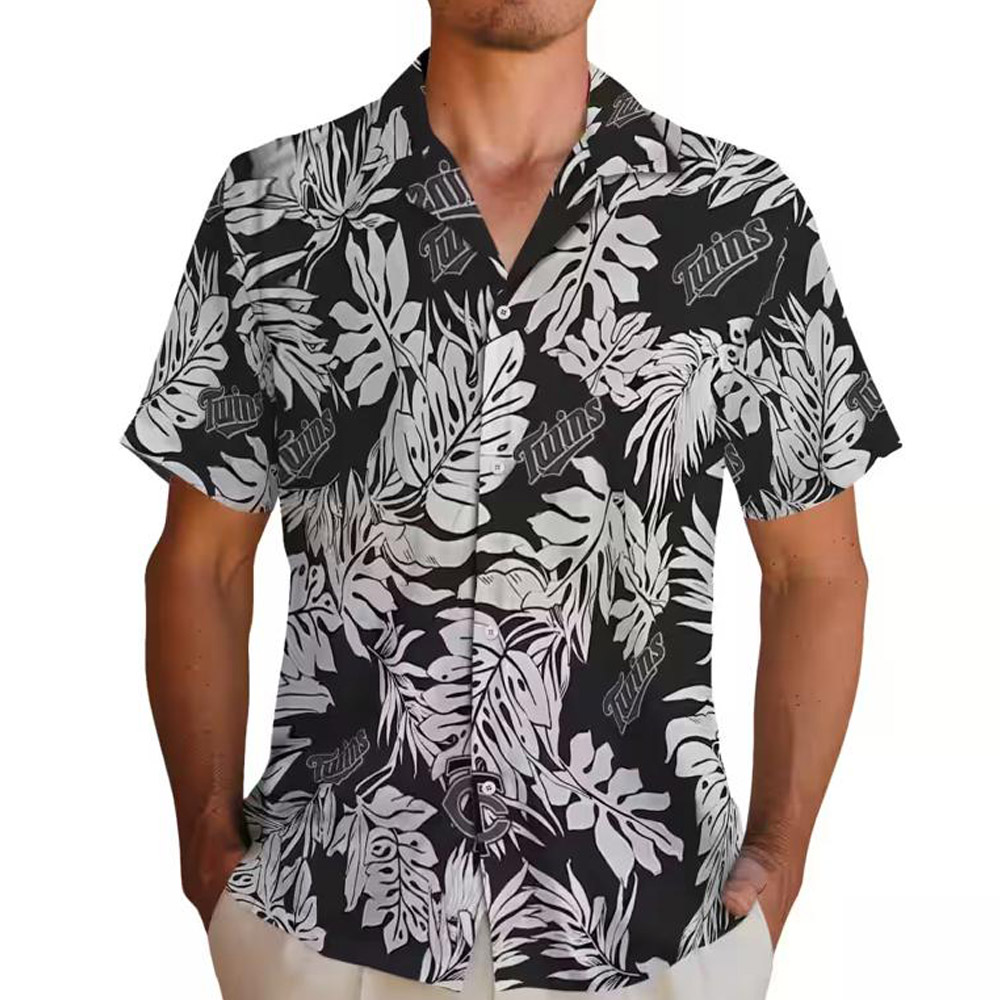 Minnesota Twins Black Hawaiian Shirt with Monstera Leaf Design Minnesota Twins Black Hawaiian Shirt with Monstera Leaf Design