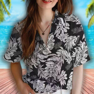 Minnesota Twins Black Hawaiian Shirt with Monstera Leaf Design 4