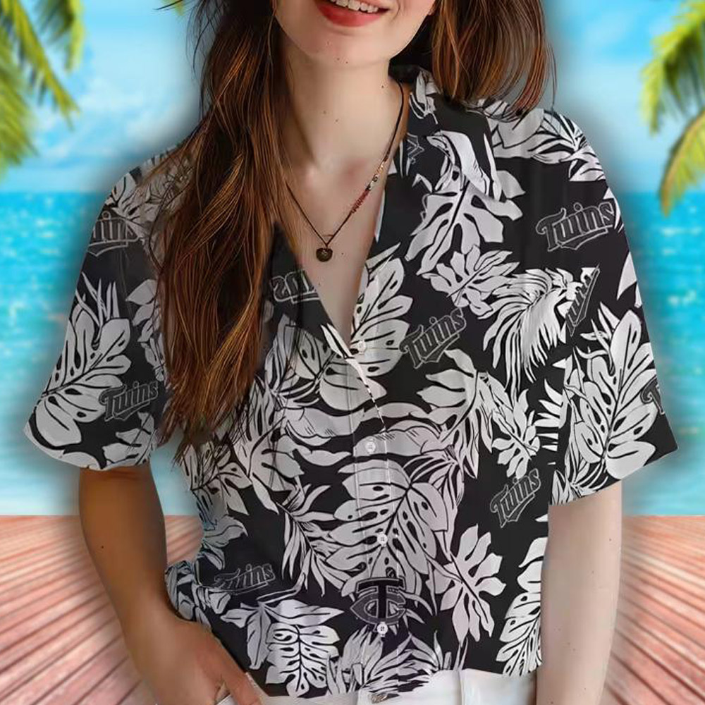 Minnesota Twins Black Hawaiian Shirt with Monstera Leaf Design Minnesota Twins Black Hawaiian Shirt with Monstera Leaf Design