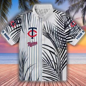 Minnesota Twins Hawaiian Shirt Navy Black White Palm Stripes Design 1