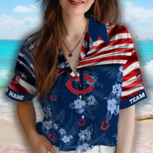 Minnesota Twins Hawaiian Shirt Navy US Flag Hibiscus Design Customized 4