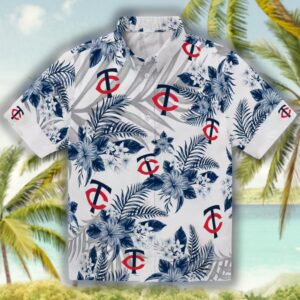 Minnesota Twins Hawaiian Shirt Navy White Hibiscus Palm Leaves 1