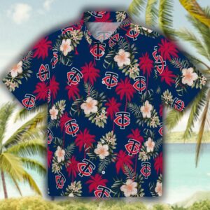 Minnesota Twins Navy Hawaiian Shirt with Palm Tree Flower Design 1