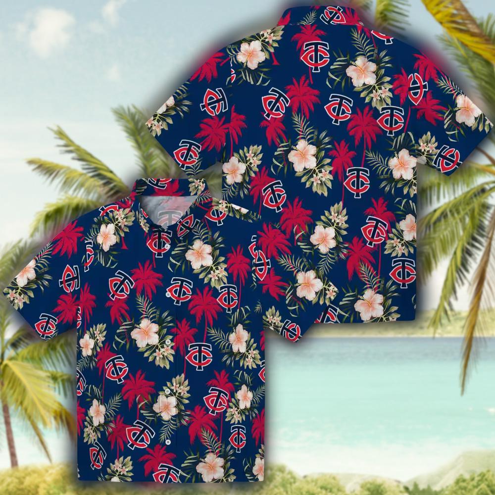 Minnesota Twins Navy Hawaiian Shirt with Palm Tree Flower Design Minnesota Twins Navy Hawaiian Shirt with Palm Tree Flower Design