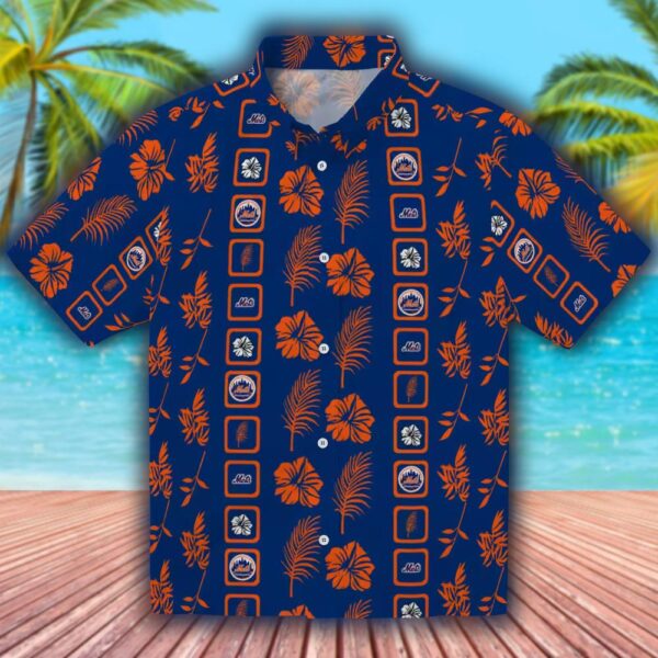Mets Blue Hawaiian Shirt Floral Design Framed NY Team Apparel 1