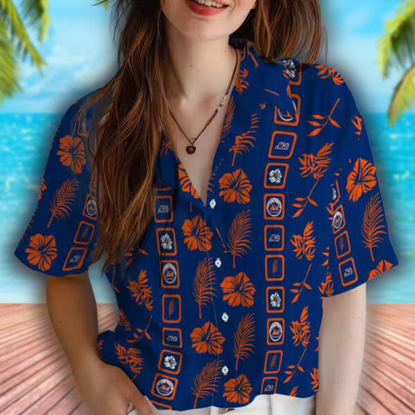 Mets Blue Hawaiian Shirt Floral Design Framed NY Team Apparel 4