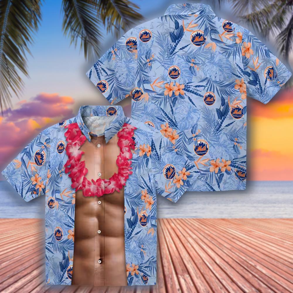 New York Mets Blue Hawaiian Shirt with Chest Illusion Design New York Mets Blue Hawaiian Shirt with Chest Illusion Design