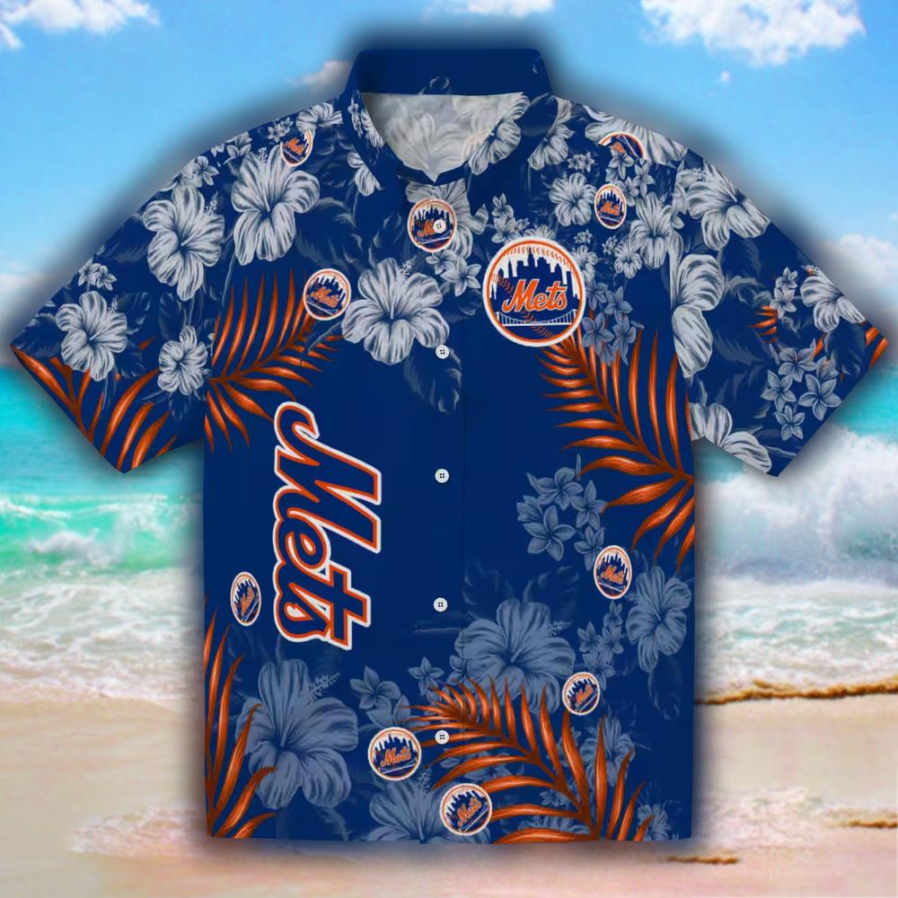 New York Mets Blue Hawaiian Shirt with Hibiscus Print New York Mets Blue Hawaiian Shirt with Hibiscus Print