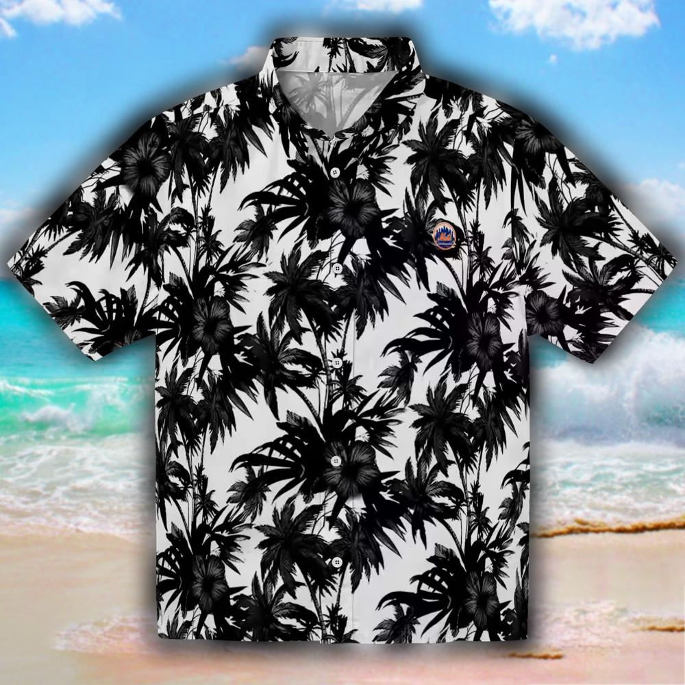 New York Mets Hawaiian Shirt Black White Palm Motifs Design New York Mets Hawaiian Shirt Black White Palm Motifs Design