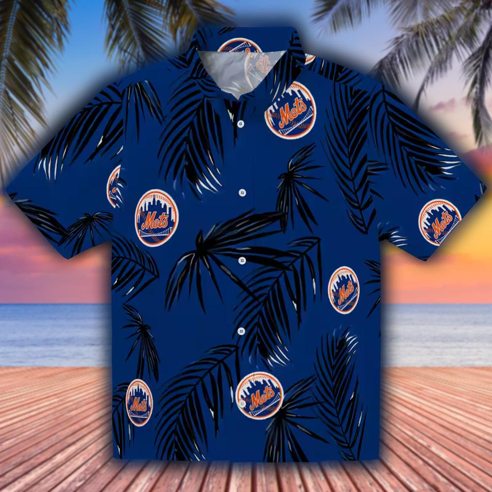 New York Mets Hawaiian Shirt Blue Palm Leaf Design New York Mets Hawaiian Shirt Blue Palm Leaf Design