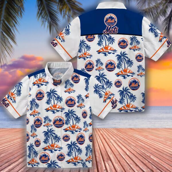 New York Mets Hawaiian Shirt Blue White Palm Island Print 3