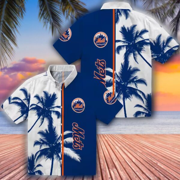 New York Mets Hawaiian Shirt Blue White Palm Trees Design 3