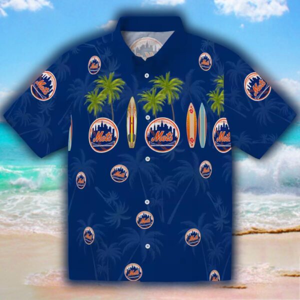 New York Mets Surfboard Hawaiian Shirt in Palm Blue 1