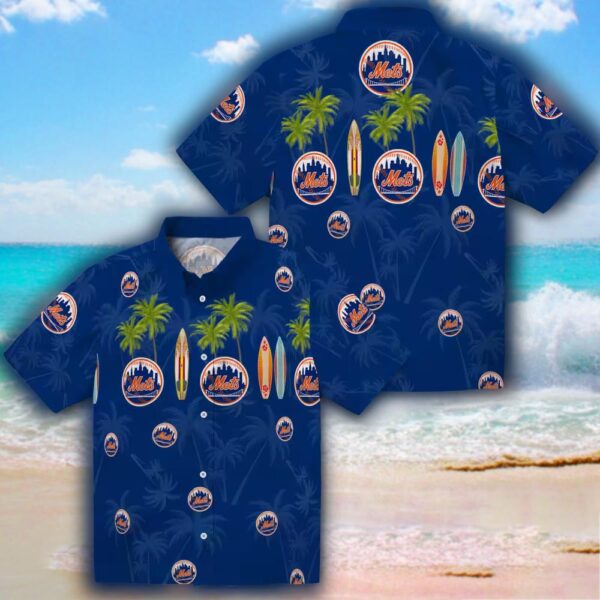 New York Mets Surfboard Hawaiian Shirt in Palm Blue 3