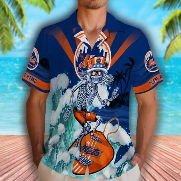 New York Mets Surfing Skeleton Hawaiian Shirt Blue Design 2